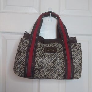 Tommy Hilfiger Brown Red Signature Top Handle Satchel Tote Bag Preppy Old Money